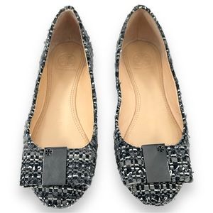 Tory Burch Black & Cream Tweed Flats with Logo Plaque
